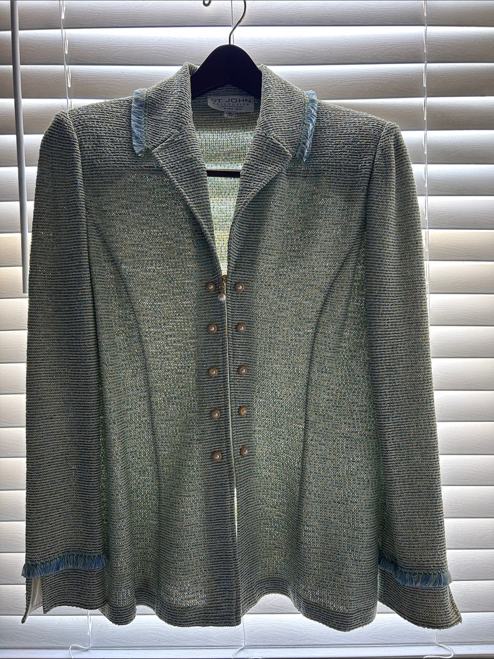 St. John Collection Mint Tweed Double-Breasted Blazer with Blue Trim